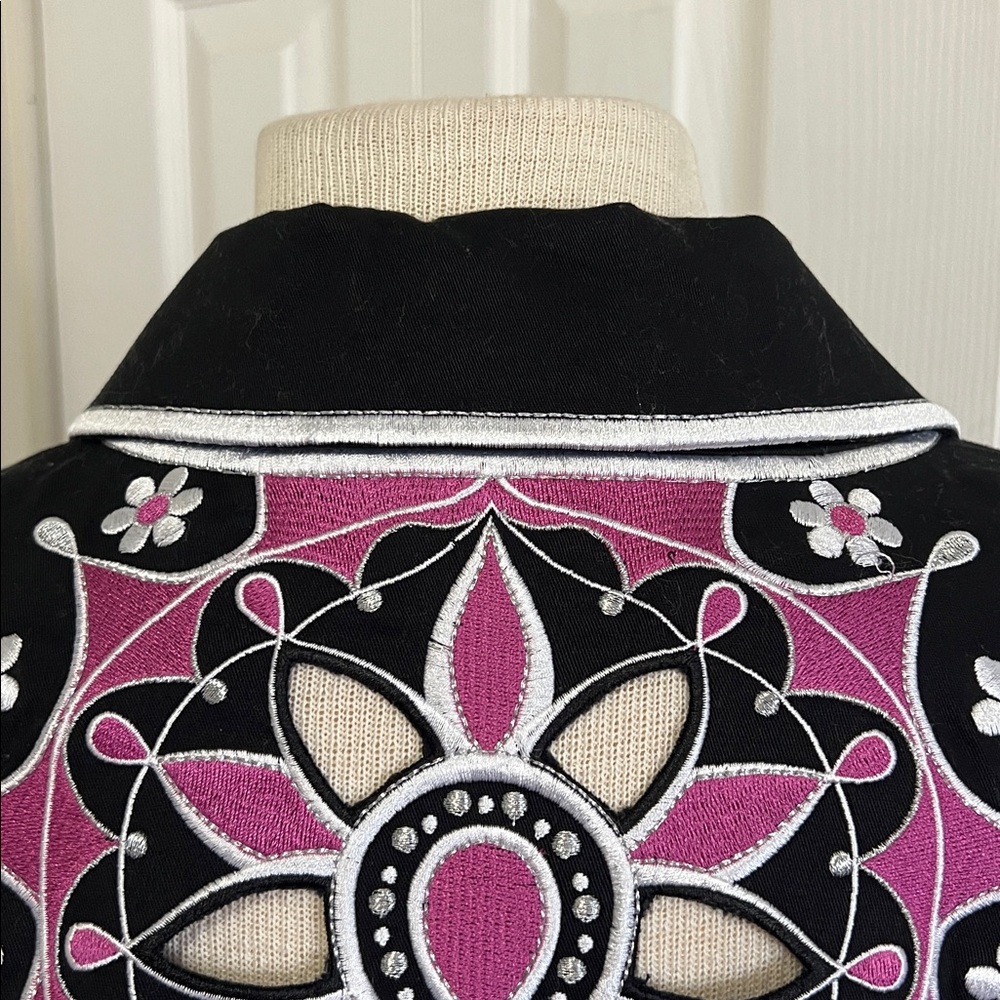 Bob Mackie Wearable Art Black, Pink Floral Embroidered Retro Zip Jacket Size 3X - Picture 9 of 16
